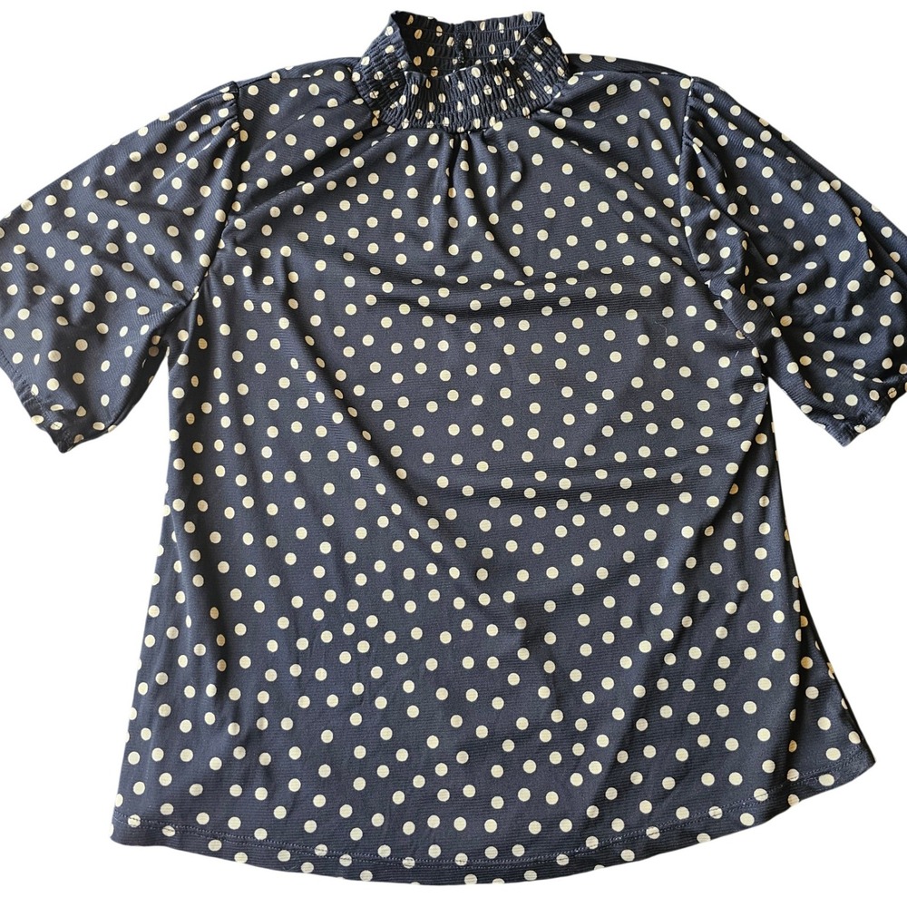 Retro Polka Dot Mock Neck Smocked Puff Sleeve Blouse Black Cream M2-3916 Medium